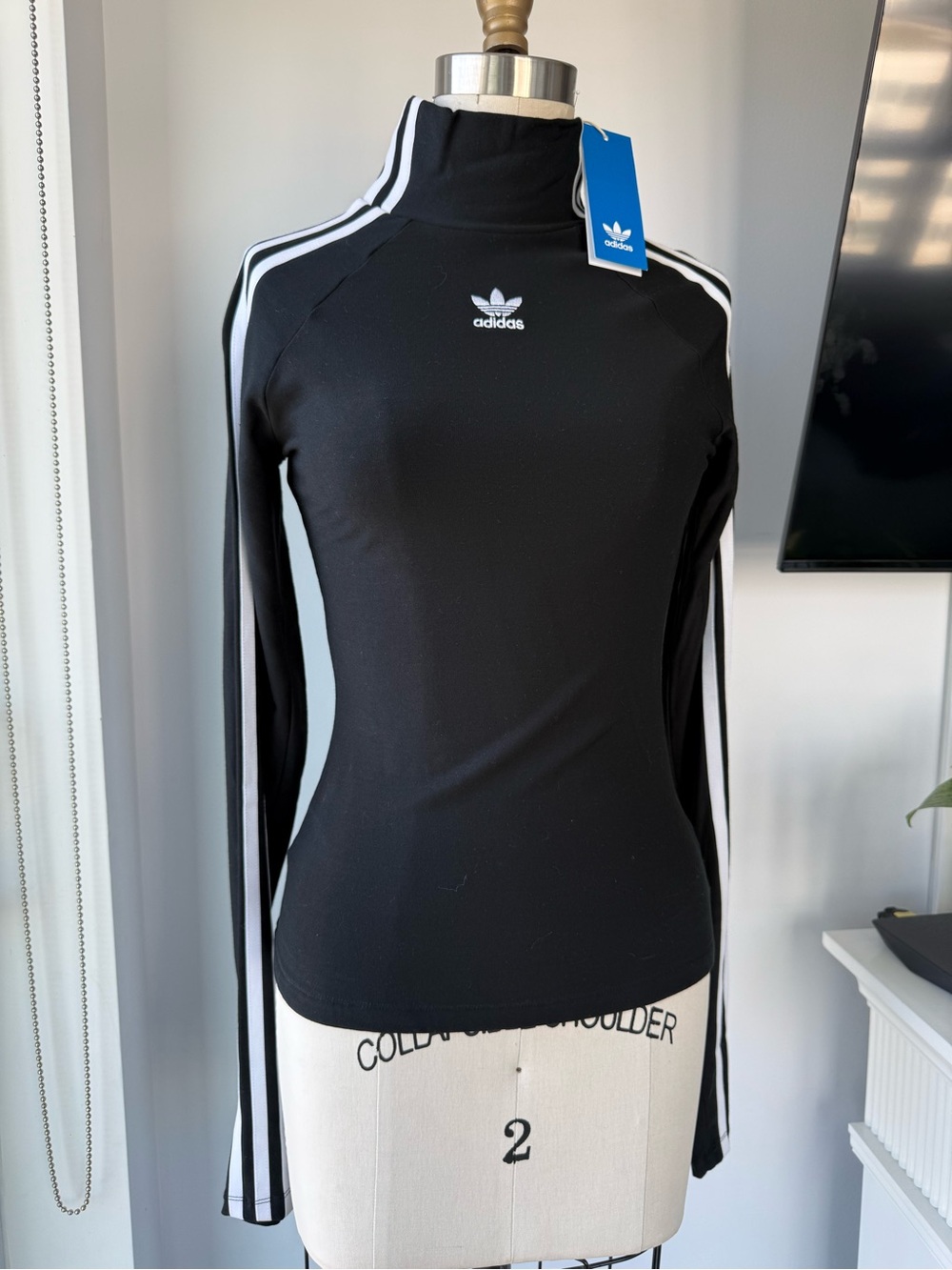 New adidas Black Long-Sleeve Mock Neck Top with White Stripes